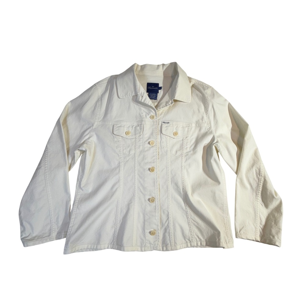 Faconnable Stretch Denim Jacket L Ivory White Button Front Trucker